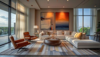 Modern living room with sleek designs, stylish and inviting, Urban, Soft tones, Photograph, Contemporary decor