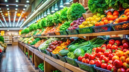 Aisles of Fresh Produce and Groceries Inside a Modern Supermarket with Bright Lighting and Displays