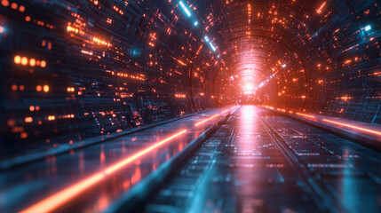 Fototapeta premium A digital figure emerges from a bright virtual data tunnel surrounded by glowing lights