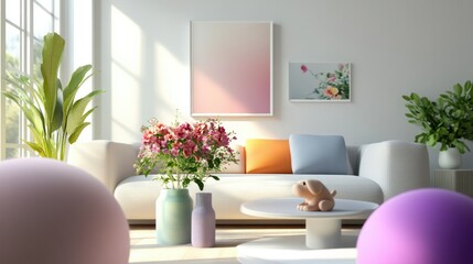 A modern living room filled with vibrant blooms, sculptural balloon dog, and artistic candle holders, blending pastel tones and geometric shapes on a bright white background.