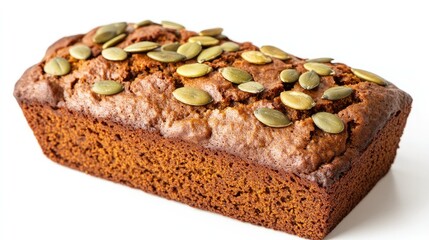 A mouthwatering close-up of a vegan pumpkin bread loaf, garnished with pumpkin seeds, showcasing its rich texture against a clean white backdrop.