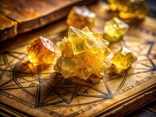 Alchemical Sulfur Crystals on Ancient Manuscript with Mysterious Symbols and Esoteric Elements