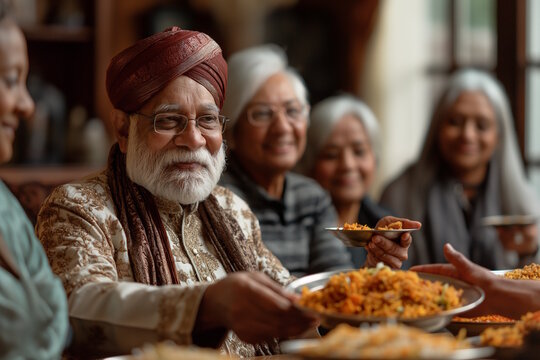 An elderly Indian man in traditional attire serving biryani to family members at a gathering. Concept of family bonds and celebrations like Diwali and Eid