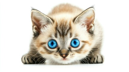 Fototapeta premium A playful kitten with bright blue eyes, exploring its surroundings with curiosity, captured against a clean white background, perfect for pet lovers and cat enthusiasts.
