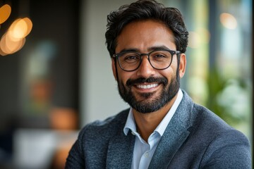 Happy smiling bearded indian business man small business owner, company leader or sales manager, male hispanic ceo executive, successful lawyer looking at camera standing in office, Generative AI