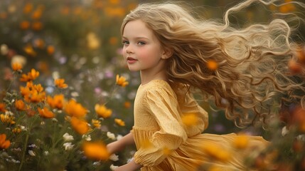 Naklejka premium A young girl with long, blonde, curly hair runs through a field of wildflowers.