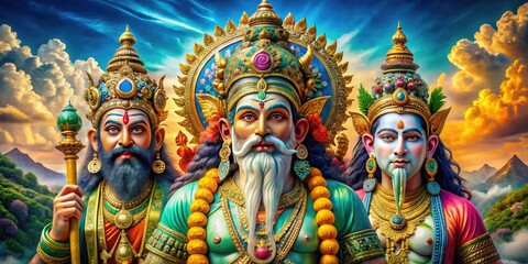 Fototapeta premium A Majestic Assembly of Deities Symbolizing Power, Wisdom, and Nature in a Celestial Setting