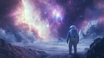 Fototapeta premium An astronaut explores the vastness of space, uncovering new galaxies and worlds. This journey feels like stepping through a magical portal to a distant universe.