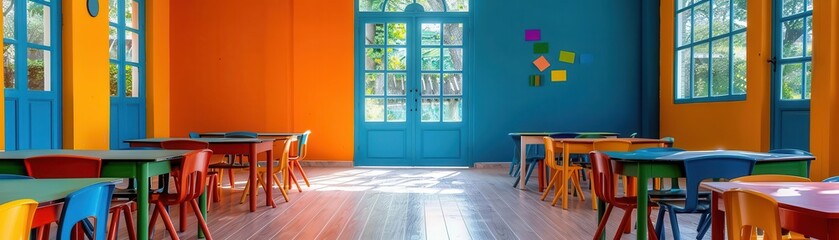 Fototapeta premium School classroom with dynamic scenes, vibrant and inviting, Education, Bright hues, Photograph, Learning environment