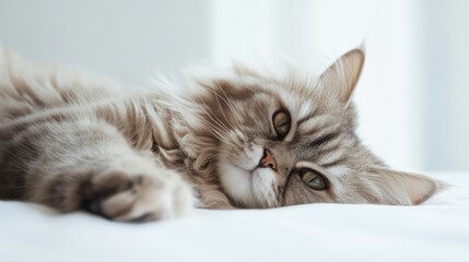 A serene portrait of a fluffy Persian cat lounging comfortably, showcasing its luxurious fur and expressive eyes, isolated on a bright white background for a classic look.