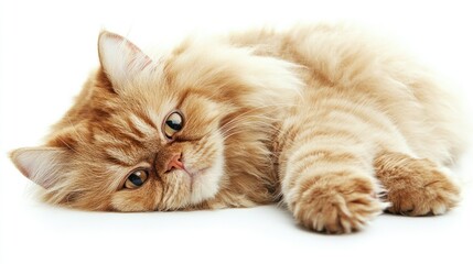 A serene portrait of a fluffy Persian cat lounging comfortably, showcasing its luxurious fur and expressive eyes, isolated on a bright white background for a classic look.