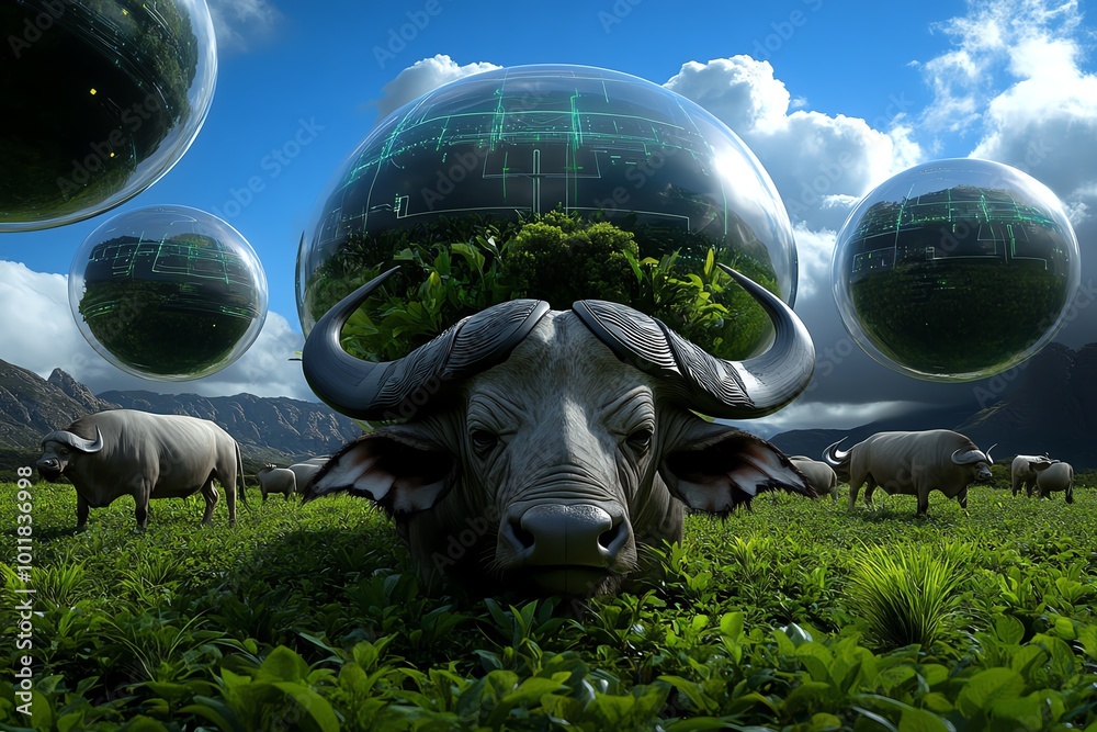 Poster a futuristic landscape where cape buffalo graze under floating energy fields, with advanced technolo