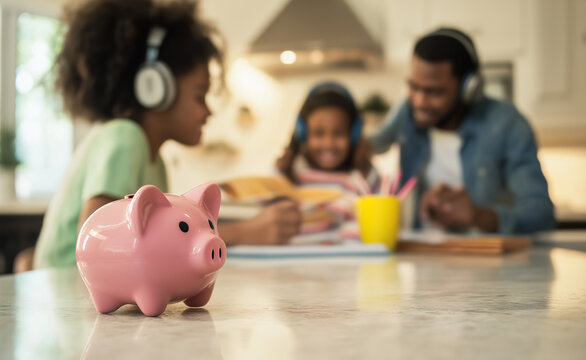 Family kitchen scene with a pink piggy bank in the foreground, symbolizing family savings and financial planning.