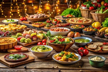 Fototapeta premium An Abundant Buffet Spread Featuring Various Dishes and Fresh Ingredients on a Rustic Wooden Table