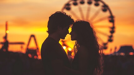 Silhouetted couple at a carnival sunset, Ferris wheel in background