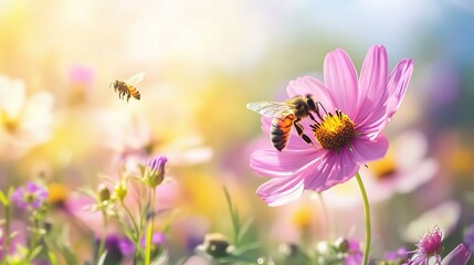 Obraz premium Bees Pollinating Flowers in Vibrant Garden Scene