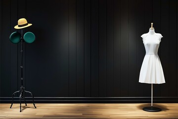 A minimalist display featuring an elegant white dress on a mannequin alongside a hat perched on a modern hat stand, set against a sleek dark background.
