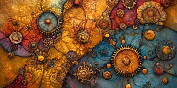 Techno-Organic Gears: Depict a scene where gears are intertwined with organic elements, showcasing the harmony between nature and technology.