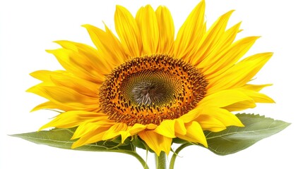 Fototapeta premium A sunflower in mid-bloom, with bright petals and a rich brown center, isolated on a clean white background, highlighting its natural beauty.