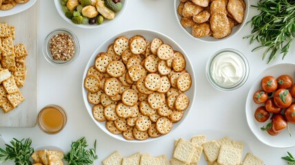 A tempting flat lay of delicious pretzel crackers alongside a variety of snacks, artfully arranged on a white table for an inviting and appetizing display.