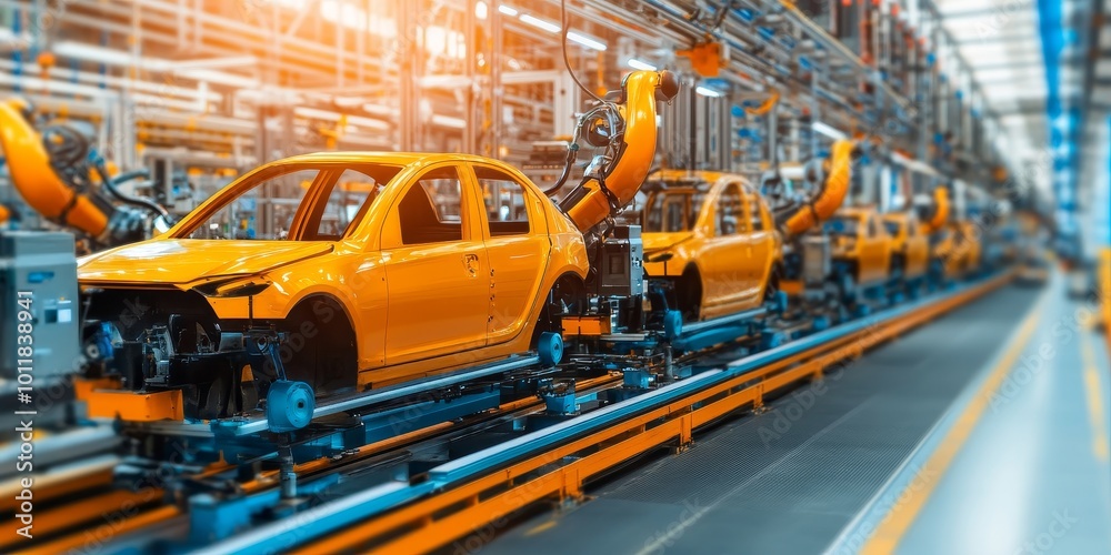 Poster Industrial Robot in a Factory: Create an image of an industrial robot performing tasks in a factory setting, emphasizing automation and efficiency.
