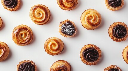 Fototapeta premium A tempting image of freshly baked pastries, including puff pastries and tarts, captured against a minimalist white background, ideal for bakery promotions or menus.