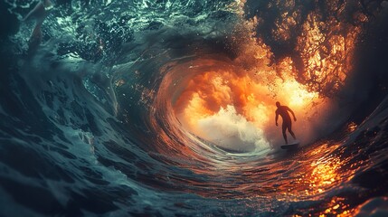 Surfer Riding a Giant Wave at Sunset