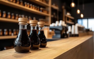 Three glass bottles with syrup on a wooden counter in a cozy cafe environment.