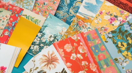 A vibrant collage of vintage wallpaper patterns, showcasing retro designs and colors, arranged artistically on a clean white background for a nostalgic touch.