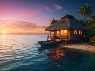 Fototapeta premium Experience the Serenity of a Tropical Beachfront Bungalow at Stunning Sunset Hours
