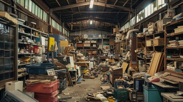 Image shows neglected, cluttered warehouse with scattered items. Items cover floor and shelves haphazardly. Desolate atmosphere indicates prolonged abandonment. - Powered by Adobe