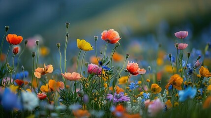 Obraz premium Wildflowers in a field with vibrant colors, natural and inviting, Nature, Soft greens, Photograph, Natural beauty