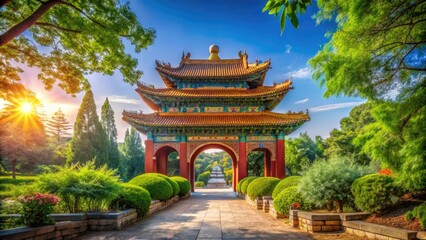 Fototapeta premium Ancient Chinese Gate with Intricate Architecture Surrounded by Lush Greenery and Blue Sky