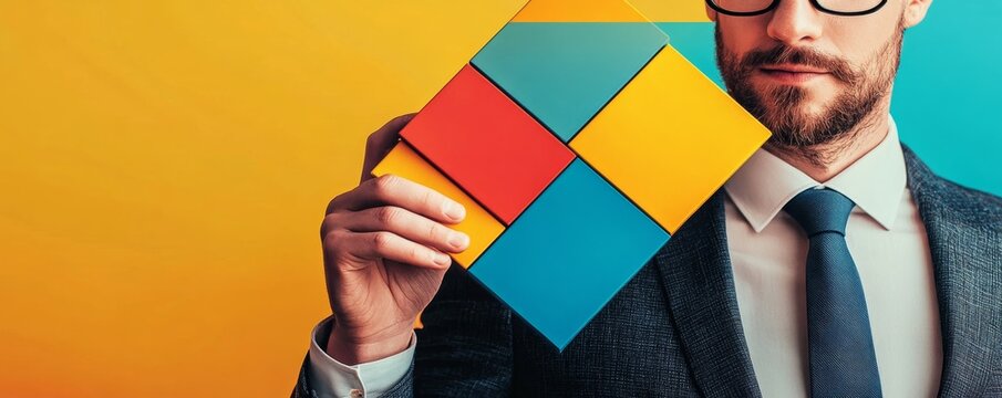 Businessman building tangram square block, Generative AI