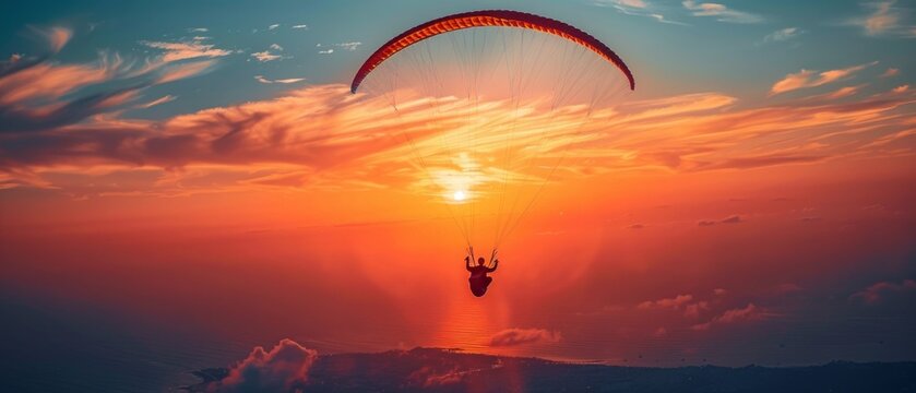 A captivating sunset paragliding image shows a person soaring over the sea in vibrant red and white colors, amidst a colorful sky and reflective waters, evoking adventure and beauty.