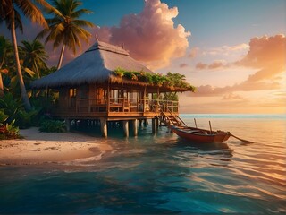 Fototapeta premium Experience the Serenity of a Tropical Beachfront Bungalow at Stunning Sunset Hours