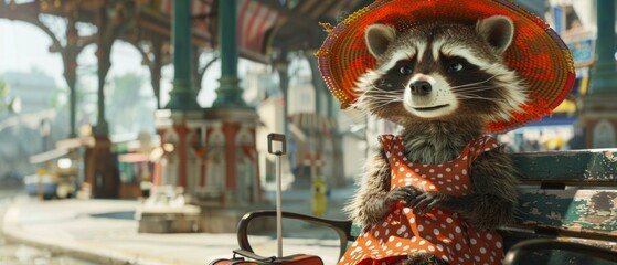 Cheerful cartoon raccoon in red dress on bench with suitcase, possibly at train station. Bright blue eyes and inviting expression.