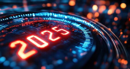 Close-up view of futuristic speedometer displaying the year 2025 with dynamic lights and glowing effects