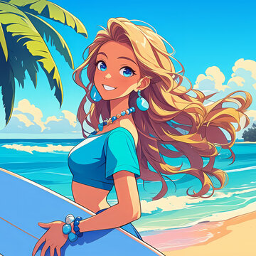 Illustration of a surfer girl at the beach with her surfboard