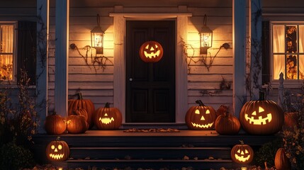 Obraz premium Charming House Decorated for Halloween with Orange Pumpkins and Spooky Jack O' Lanterns on the Porch