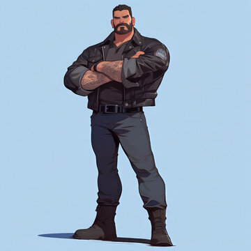 Illustration of a big, burly biker dude