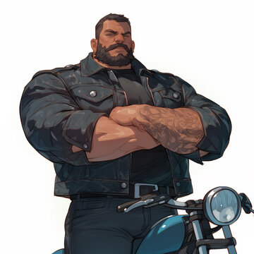 Illustration of a big, burly biker dude