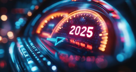 Close-up of futuristic speedometer with a red arrow highlighting year 2025 in bright neon lights and abstract background
