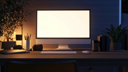 A computer monitor sits on a desk with a keyboard and mouse