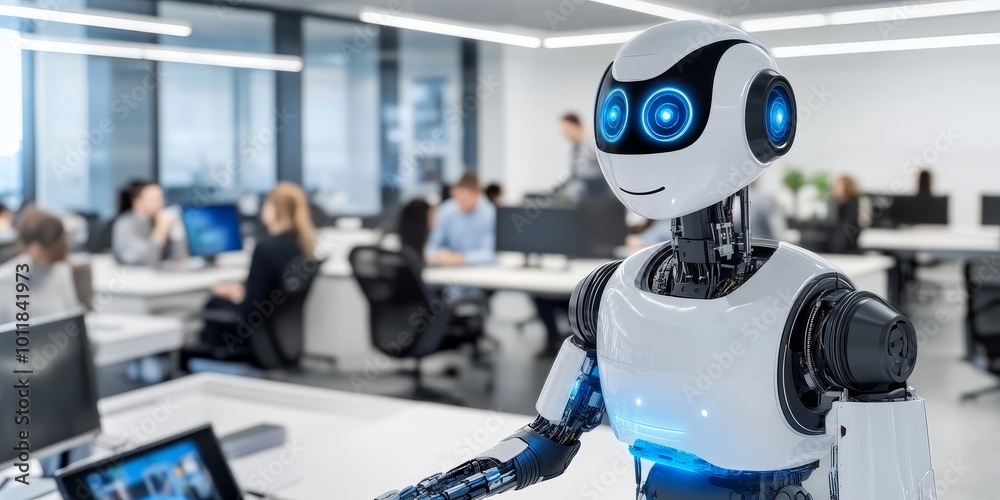 Poster Humanoid Robot: Illustrate a humanoid robot interacting with humans in a modern office environment, showcasing advancements in robotics.