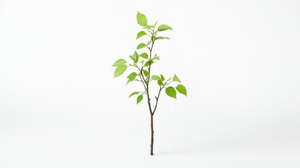 Obraz premium A young sapling tree with small green leaves, isolated on a white background, symbolizing growth, nature, and new beginnings.