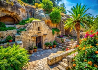 Fototapeta premium Ancient Jesus Tomb in Israel Surrounded by Stone Walls and Greenery, A Symbol of Faith and History