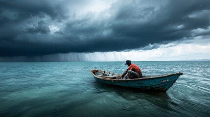A fisherman securing his boat as a tropical storm approaches, with the dark clouds gathering in the background