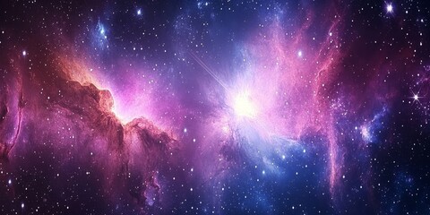 Naklejka premium Galaxy and Nebula: Design a vibrant background featuring swirling nebulas and bright stars set against a deep space backdrop, with a rich mix of purples, blues, and pinks