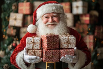 Santa Claus and white gift boxes in his hands. Generative AI